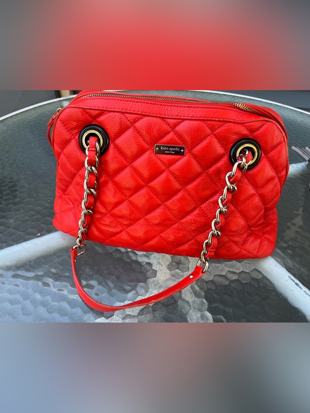 kate spade Quilted Red Leather Shoulder Bag with Gold Chain